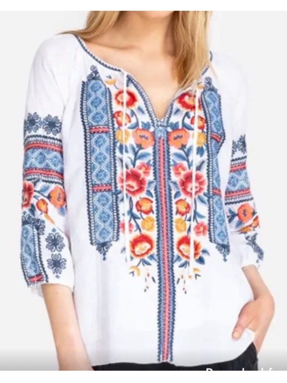 Johnny Was White Embroidered Boho Top with Floral Detail linen medium Dani